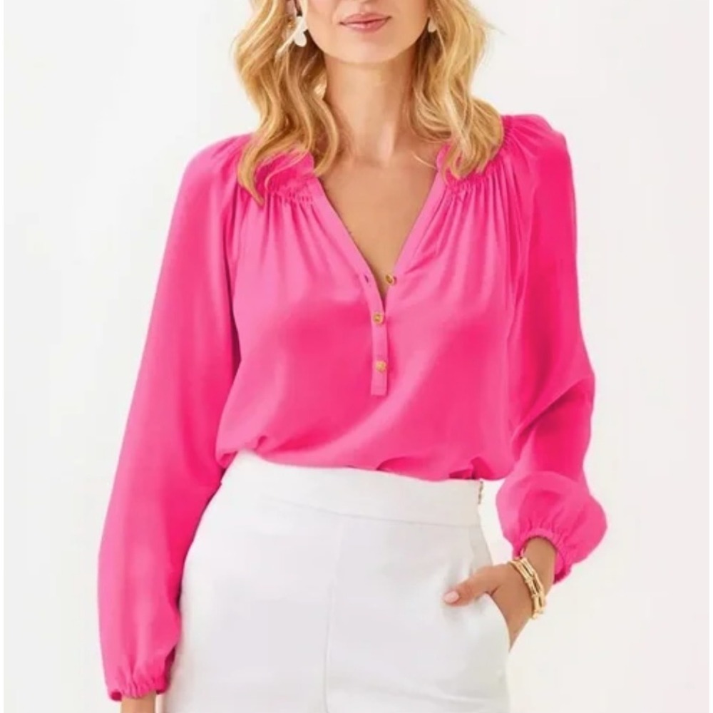 NWT Lilly Pulitzer Elsa Top 100%Silk Pink Silk Smocked Blouse Womens S ret$178 - Picture 7 of 7